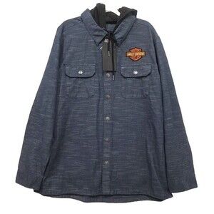 HARLEY-DAVIDSON Hooded Shirt Woven Button up Shirt Mens Size XL Blue